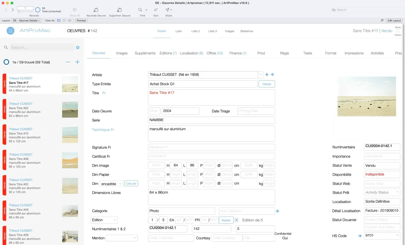 Fiche œuvre dans ArtProMac v10